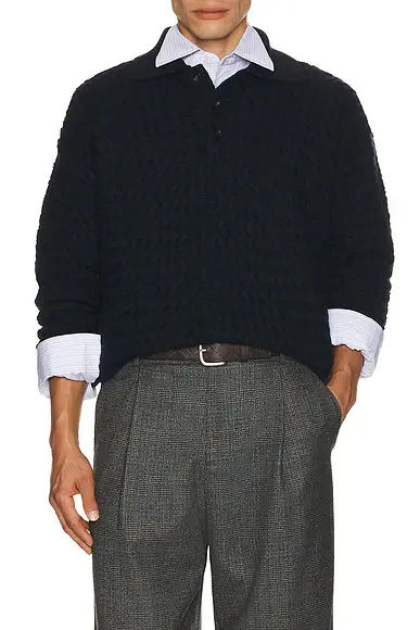 Bottega Veneta Lw Wool Intrecciato Knit Polo Sweater | Image 1 Bottega Veneta Lw Wool Intrecciato Knit Polo Sweater | Image 1