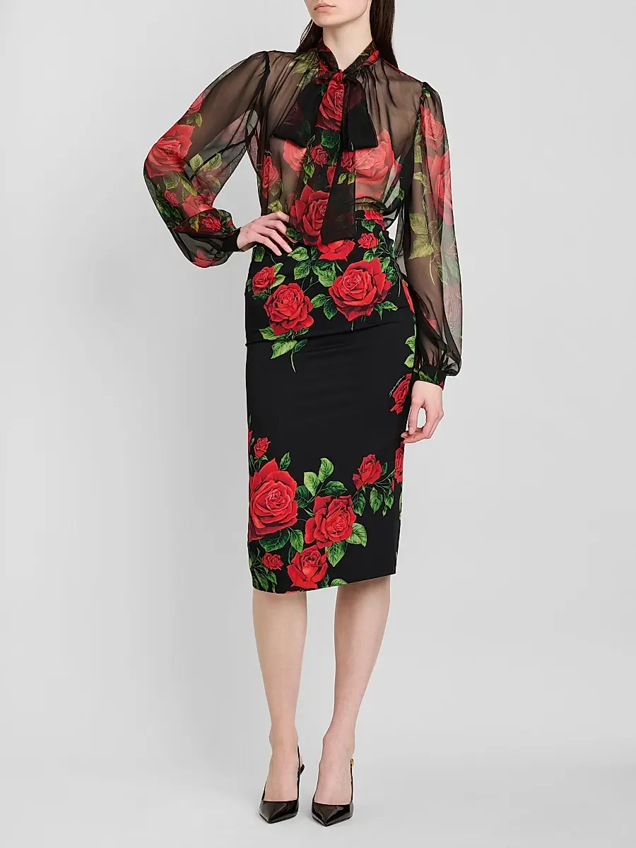 Dolce & Gabbana Women's Sheer Floral Silk Pussy-Bow Collar Blouse | Thumbnail 2