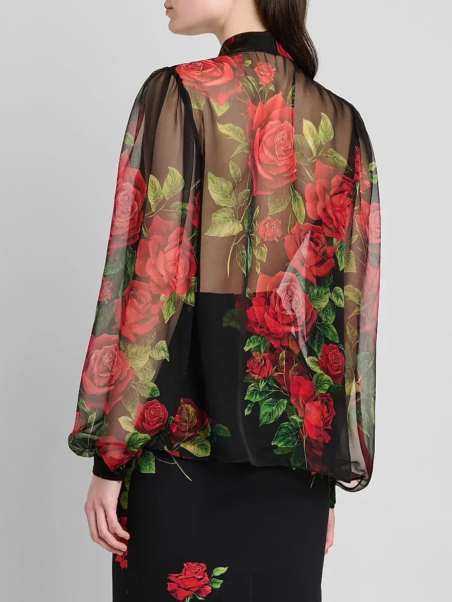 Dolce & Gabbana Women's Sheer Floral Silk Pussy-Bow Collar Blouse | Thumbnail 3