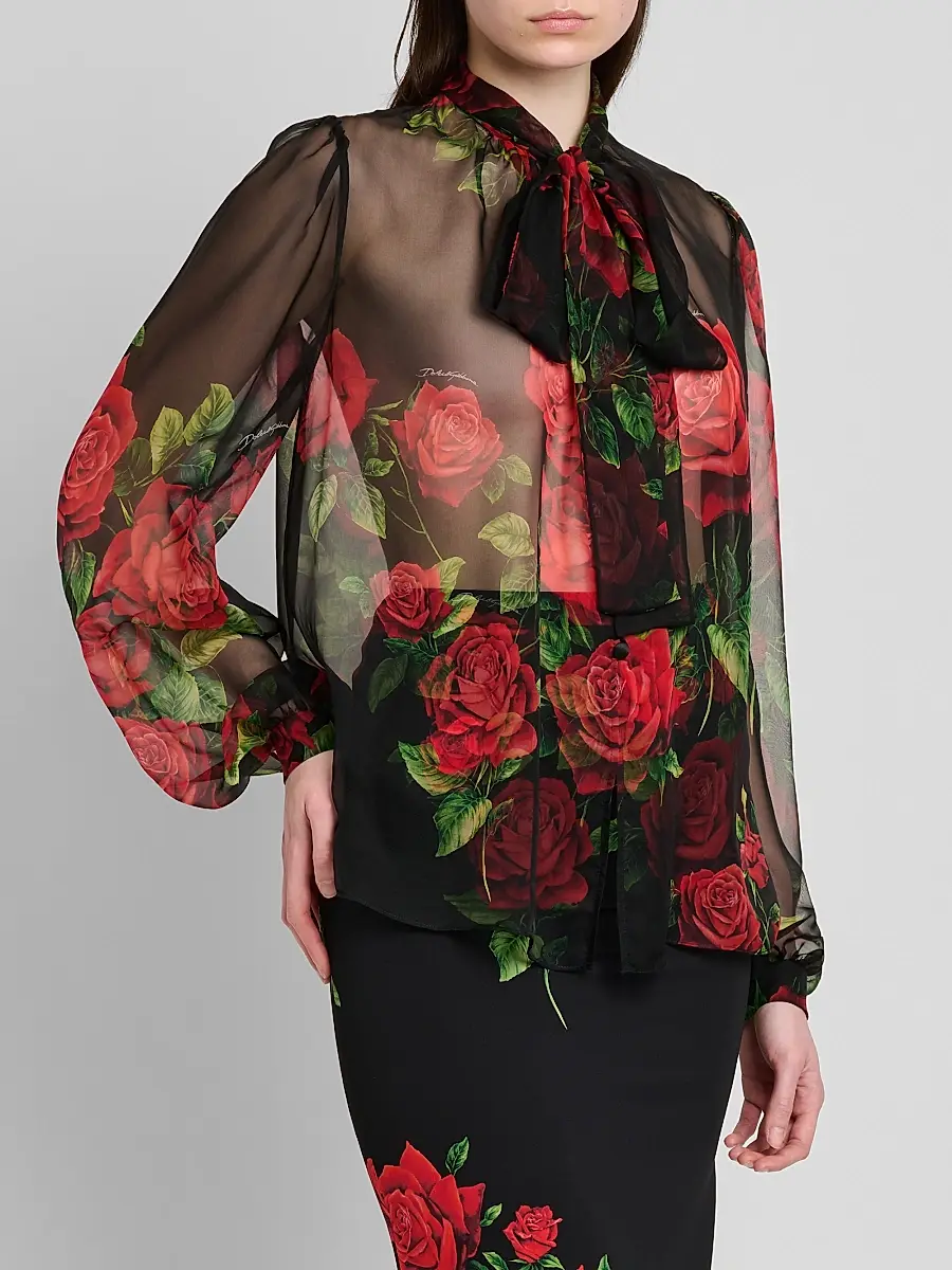 Dolce & Gabbana Women's Sheer Floral Silk Pussy-Bow Collar Blouse | Thumbnail 4