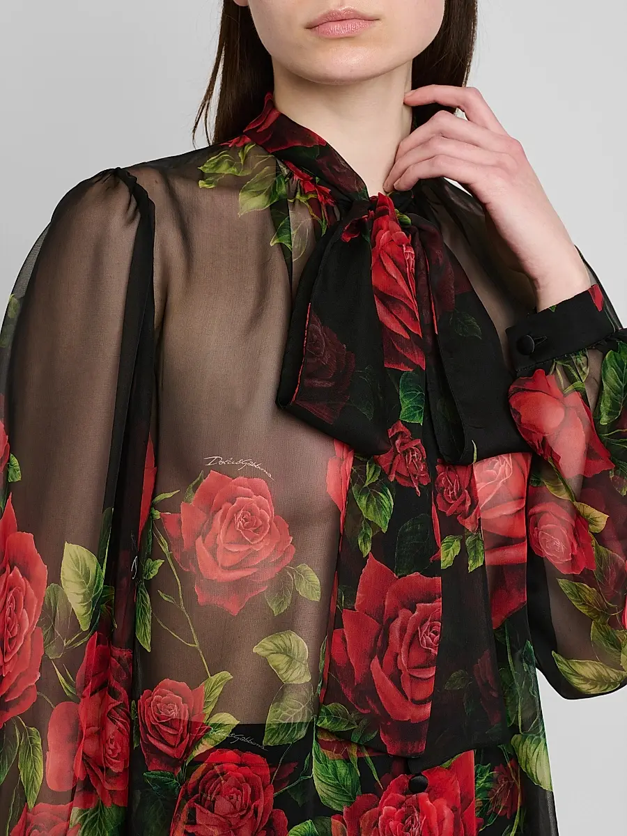 Dolce & Gabbana Women's Sheer Floral Silk Pussy-Bow Collar Blouse | Thumbnail 5