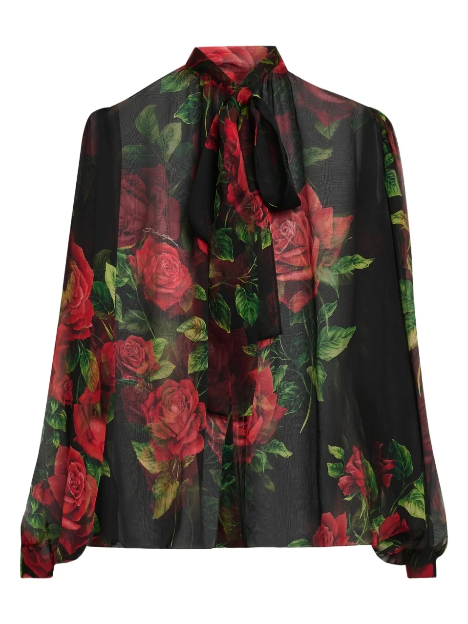 Dolce & Gabbana Women's Sheer Floral Silk Pussy-Bow Collar Blouse