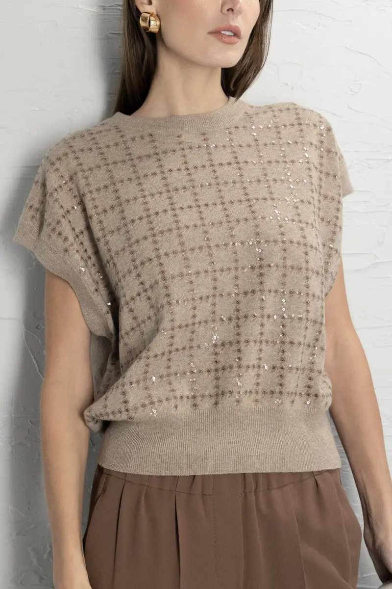 Brunello Cucinelli Dazzling Windowpane Embroidery Knit T-Shirt | Thumbnail 2 Brunello Cucinelli Dazzling Windowpane Embroidery Knit T-Shirt | Thumbnail 2