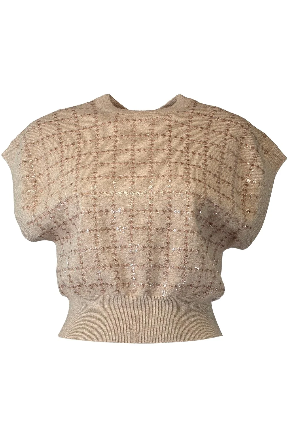 Dazzling Windowpane Embroidery Knit T-Shirt