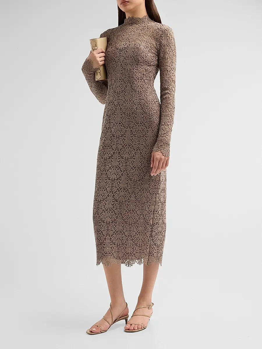 Lela Rose Women's Chenille Lace Long-Sleeve Midi-Dress | Thumbnail 4