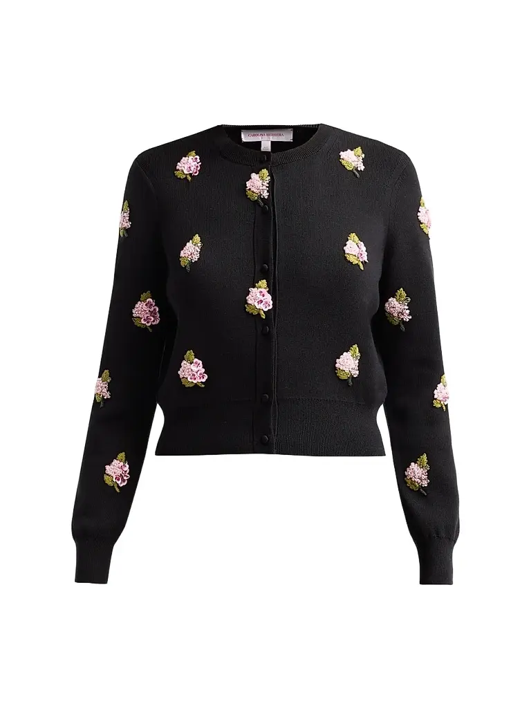 Carolina Herrera Women's Floral-Embroidered Silk-Cotton Cardigan - Black Multi | Image 1 Carolina Herrera Women's Floral-Embroidered Silk-Cotton Cardigan - Black Multi | Image 1
