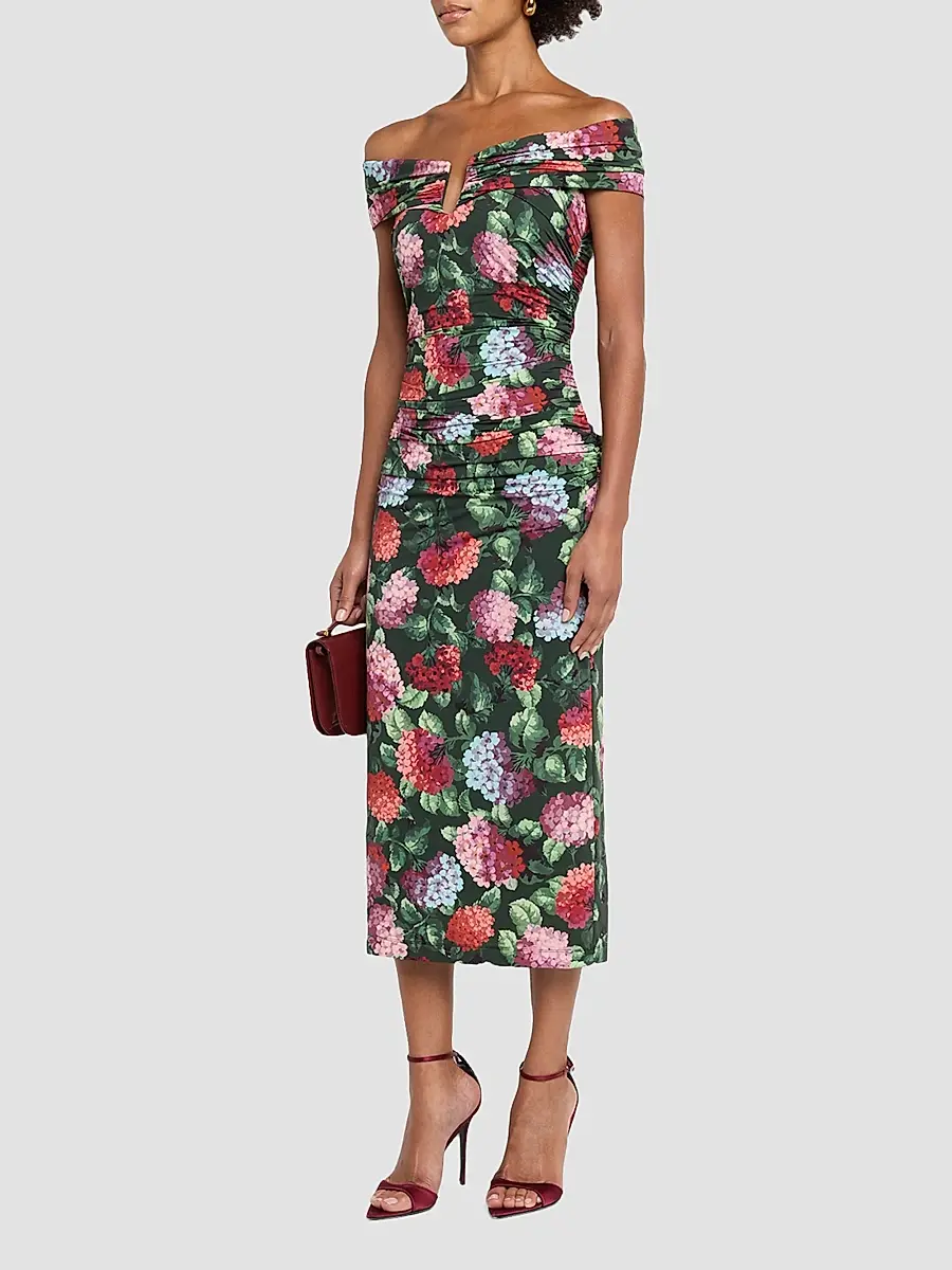 Carolina Herrera Women's Floral Off-the-Shoulder Ruched Midi Dress | Thumbnail 4