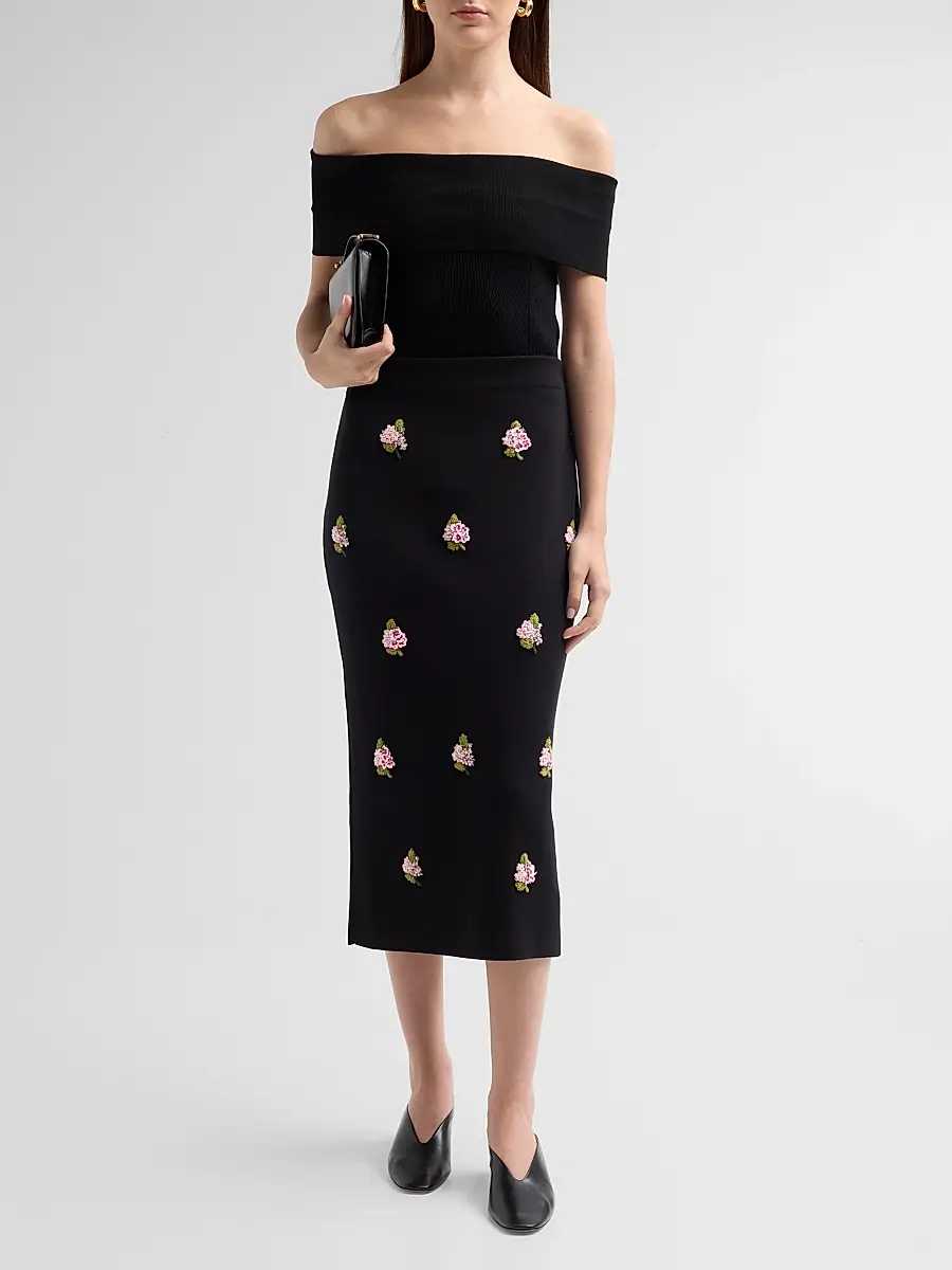Carolina Herrera Women's Floral-Beaded Silk-Cotton Pencil Skirt | Thumbnail 2