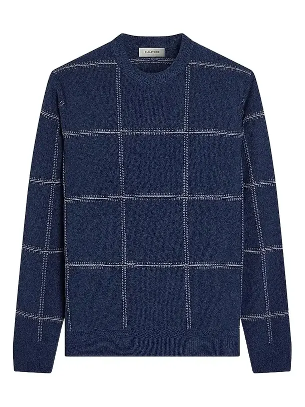 Men's Plaid Wool-Cotton Crewneck Sweater