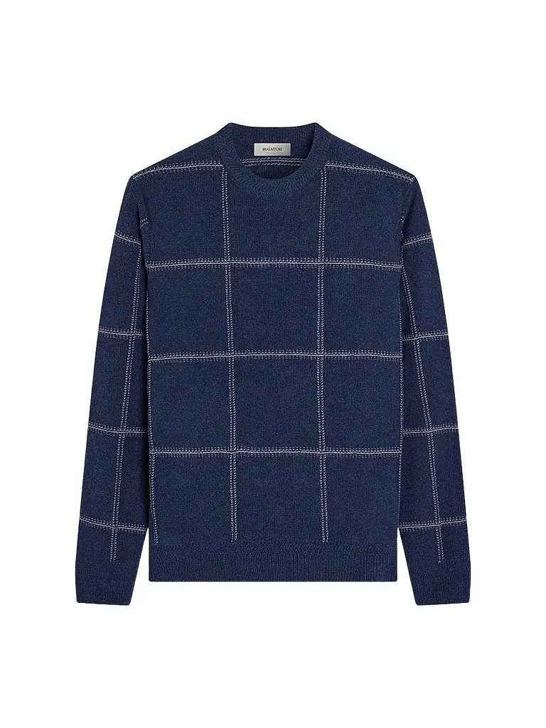 Bugatchi Men's Plaid Wool-Cotton Crewneck Sweater - Ink - Size XXL | Image 1 Bugatchi Men's Plaid Wool-Cotton Crewneck Sweater - Ink - Size XXL | Image 1