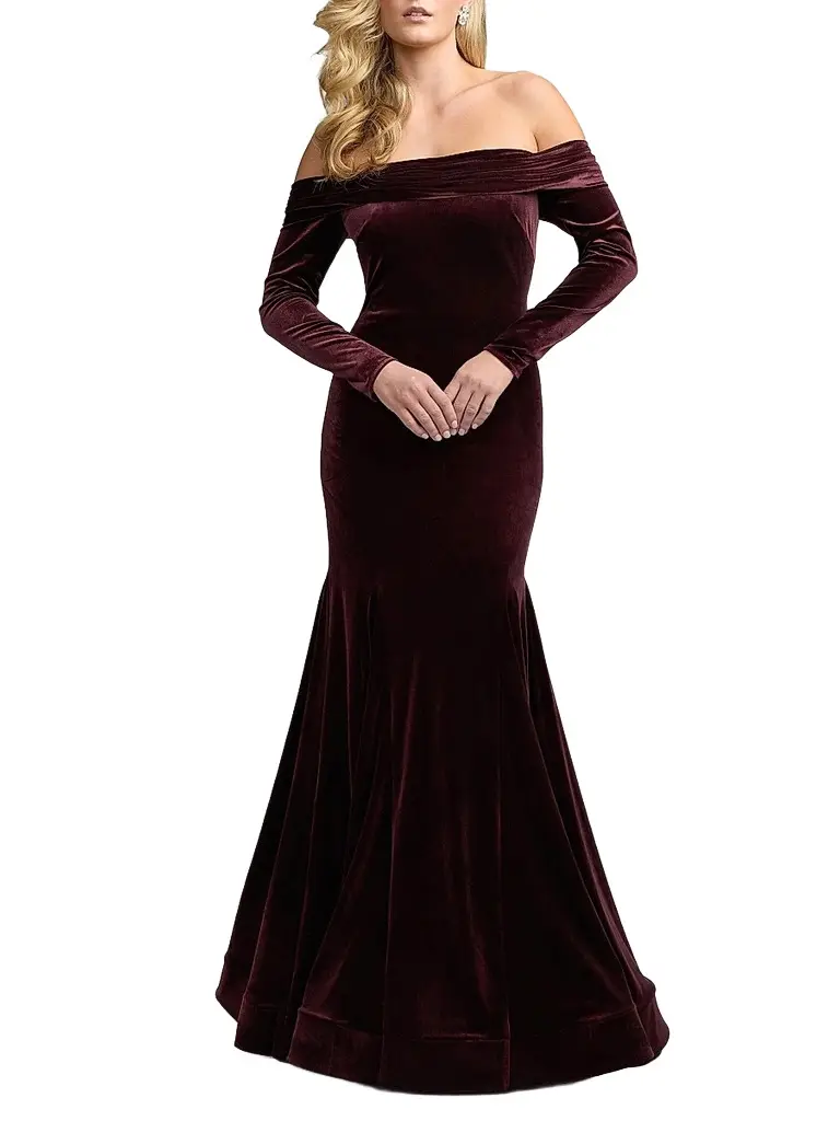 Mac Duggal Women's Velvet Off-The-Shoulder Mermaid Gown - Wine | Image 1 Mac Duggal Women's Velvet Off-The-Shoulder Mermaid Gown - Wine | Image 1