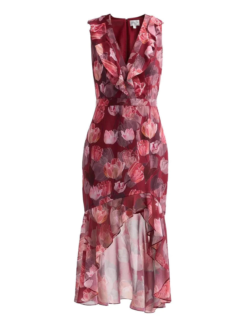 Milly Women's Nanci Ruffled Floral V-Neck Midi Dress