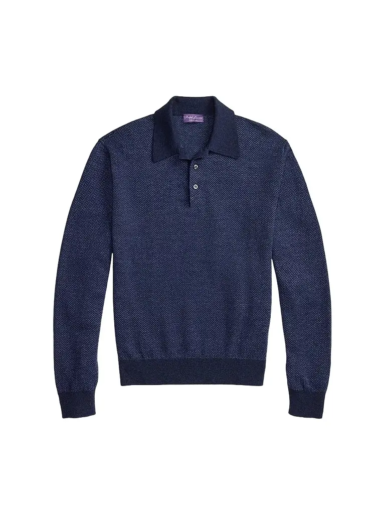 Ralph Lauren Purple Label Men's Warm Weather Long-Sleeve Polo Shirt - Navy Multi - Size XXL | Image 1 Ralph Lauren Purple Label Men's Warm Weather Long-Sleeve Polo Shirt - Navy Multi - Size XXL | Image 1