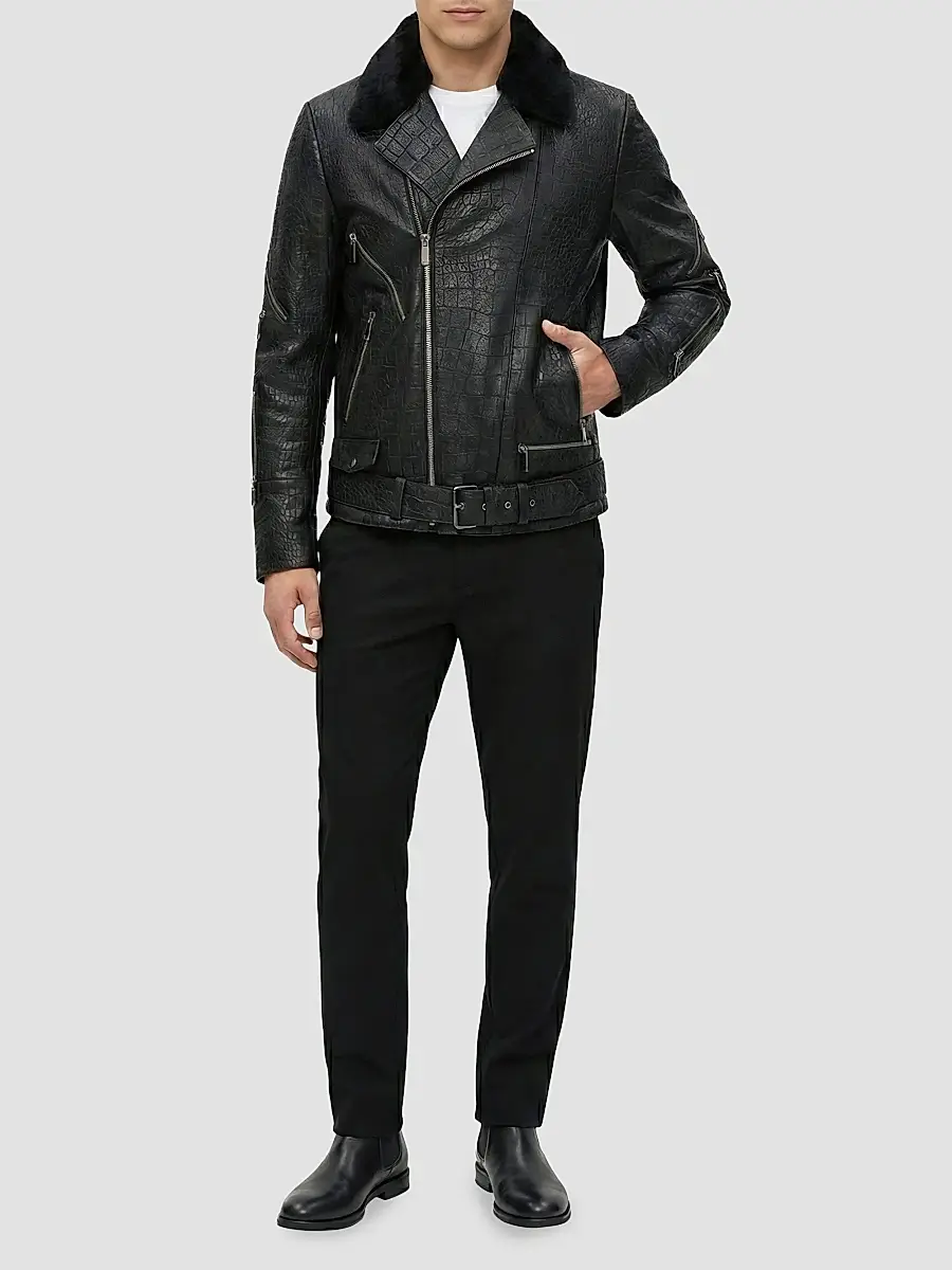 Gorski Men's Nappa Leather Croco Embossed Biker Jacket with Detachable Shearling Lamb Collar | Thumbnail 2 Gorski Men's Nappa Leather Croco Embossed Biker Jacket with Detachable Shearling Lamb Collar | Thumbnail 2