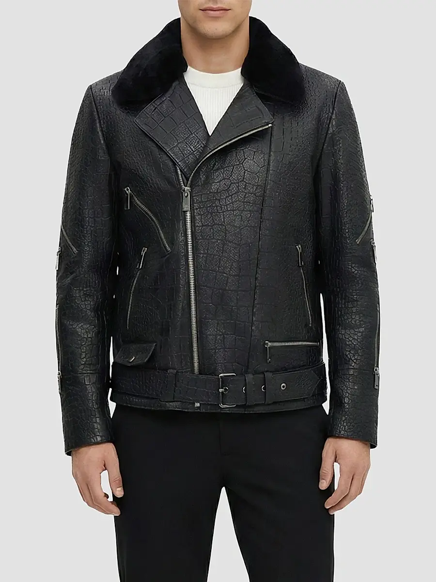 Gorski Men's Nappa Leather Croco Embossed Biker Jacket with Detachable Shearling Lamb Collar | Thumbnail 3 Gorski Men's Nappa Leather Croco Embossed Biker Jacket with Detachable Shearling Lamb Collar | Thumbnail 3