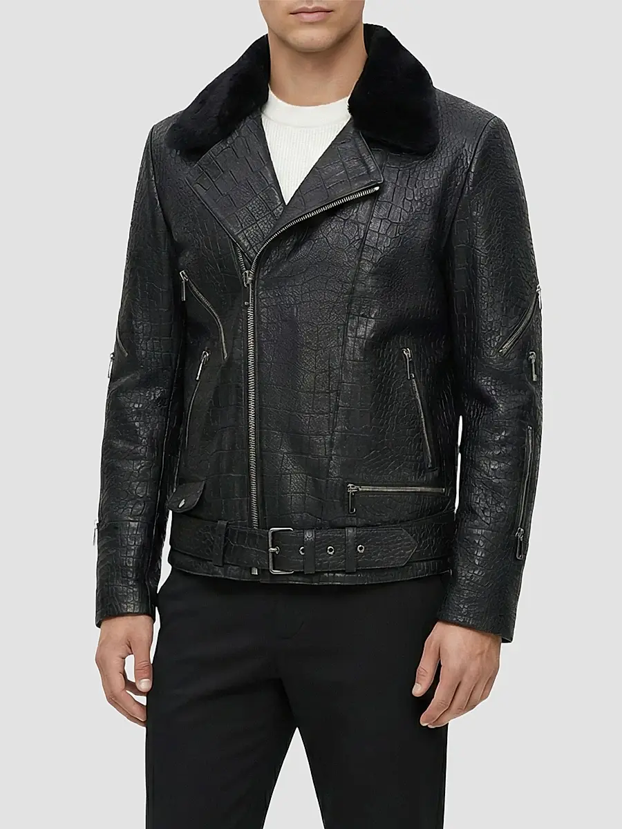 Gorski Men's Nappa Leather Croco Embossed Biker Jacket with Detachable Shearling Lamb Collar | Thumbnail 4 Gorski Men's Nappa Leather Croco Embossed Biker Jacket with Detachable Shearling Lamb Collar | Thumbnail 4