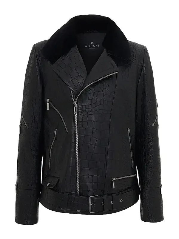 Gorski Men's Nappa Leather Croco Embossed Biker Jacket with Detachable Shearling Lamb Collar