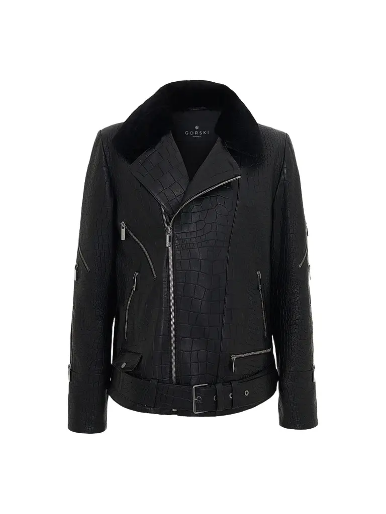 Gorski Men's Nappa Leather Croco Embossed Biker Jacket with Detachable Shearling Lamb Collar - Black | Image 1 Gorski Men's Nappa Leather Croco Embossed Biker Jacket with Detachable Shearling Lamb Collar - Black | Image 1