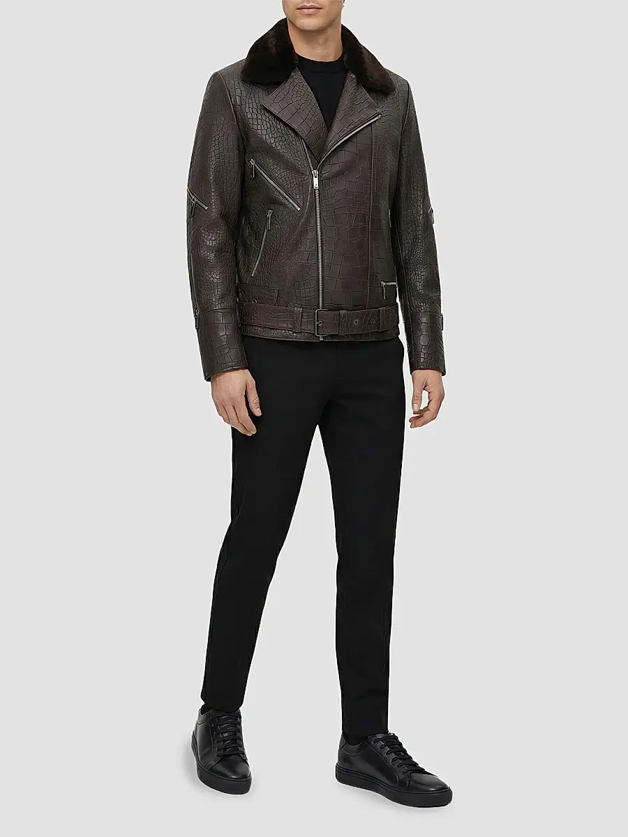 Gorski Men's Nappa Leather Croco Embossed Biker Jacket with Detachable Shearling Lamb Collar | Thumbnail 2 Gorski Men's Nappa Leather Croco Embossed Biker Jacket with Detachable Shearling Lamb Collar | Thumbnail 2