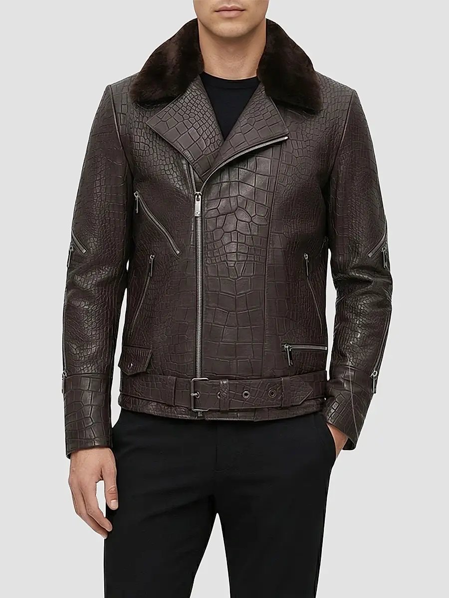 Gorski Men's Nappa Leather Croco Embossed Biker Jacket with Detachable Shearling Lamb Collar | Thumbnail 3 Gorski Men's Nappa Leather Croco Embossed Biker Jacket with Detachable Shearling Lamb Collar | Thumbnail 3
