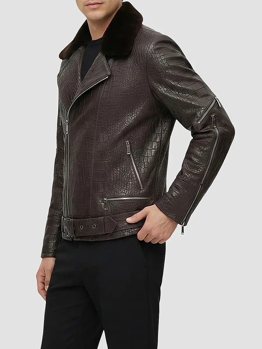 Gorski Men's Nappa Leather Croco Embossed Biker Jacket with Detachable Shearling Lamb Collar | Thumbnail 4 Gorski Men's Nappa Leather Croco Embossed Biker Jacket with Detachable Shearling Lamb Collar | Thumbnail 4