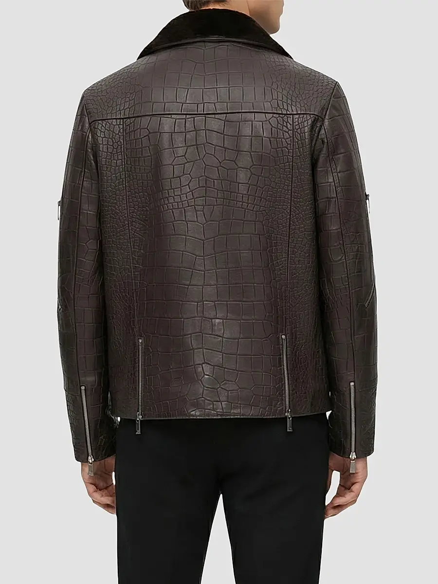 Gorski Men's Nappa Leather Croco Embossed Biker Jacket with Detachable Shearling Lamb Collar | Thumbnail 5 Gorski Men's Nappa Leather Croco Embossed Biker Jacket with Detachable Shearling Lamb Collar | Thumbnail 5