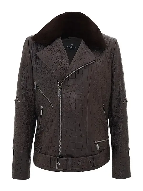 Gorski Men's Nappa Leather Croco Embossed Biker Jacket with Detachable Shearling Lamb Collar