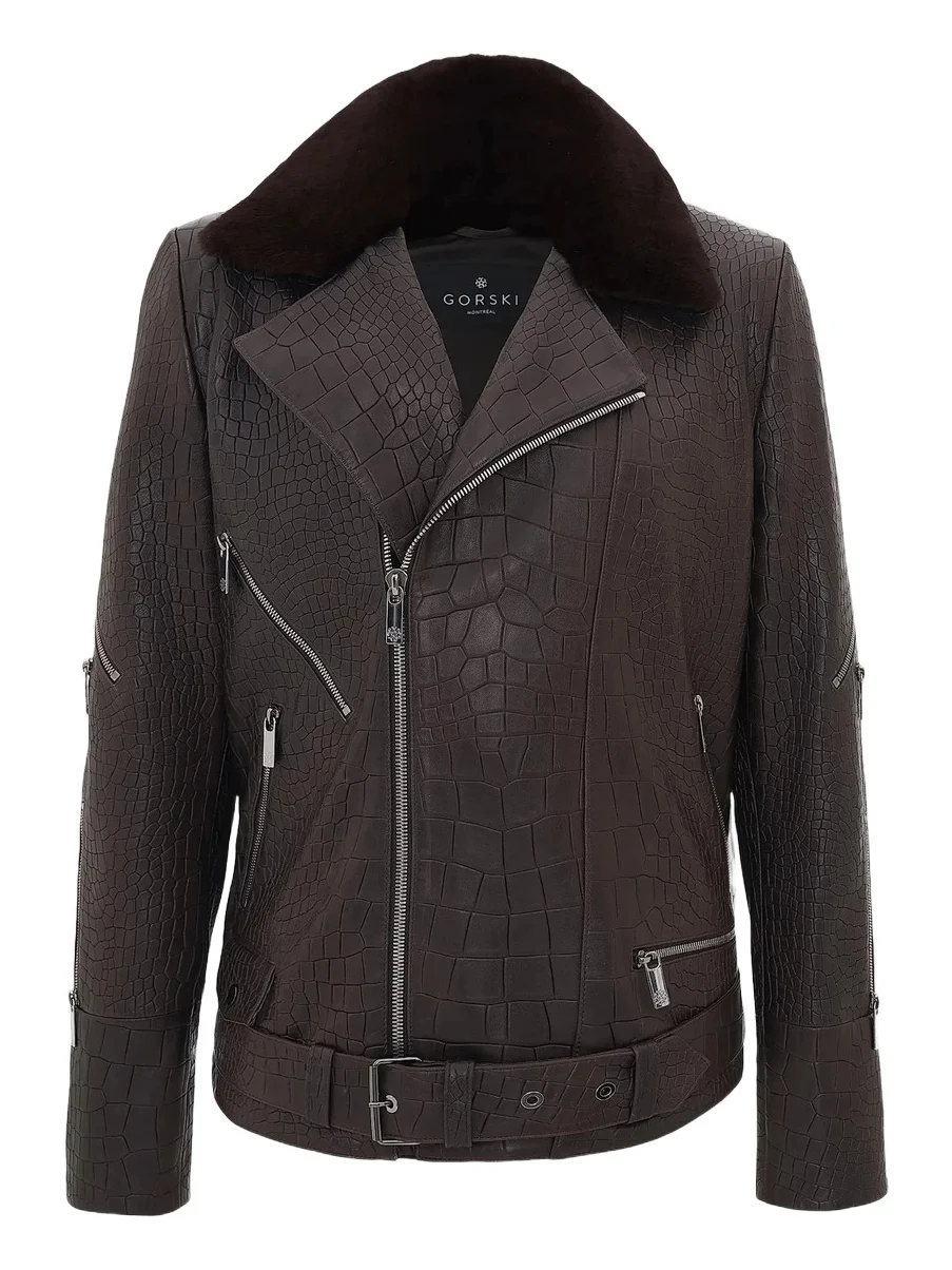 Gorski Men's Nappa Leather Croco Embossed Biker Jacket with Detachable Shearling Lamb Collar