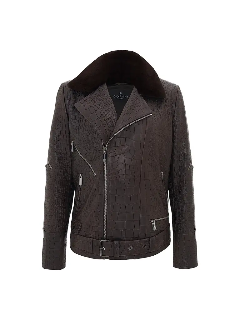 Gorski Men's Nappa Leather Croco Embossed Biker Jacket with Detachable Shearling Lamb Collar - Brown | Image 1 Gorski Men's Nappa Leather Croco Embossed Biker Jacket with Detachable Shearling Lamb Collar - Brown | Image 1