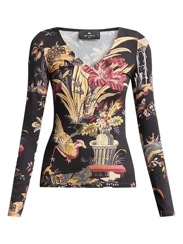 Etro Women's Printed V-Neck Long-Sleeve Top