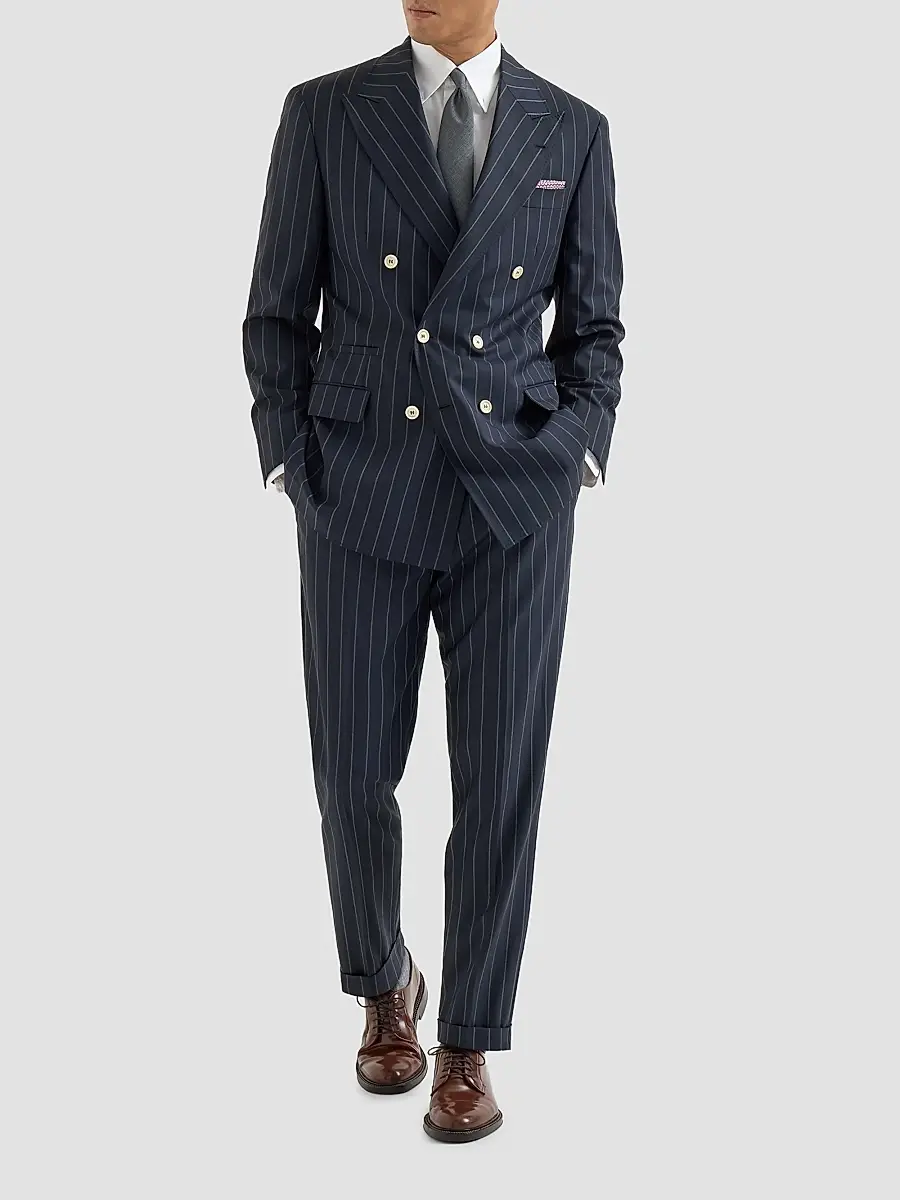 Brunello Cucinelli Men's Super 150s Virgin Wool Wide Chalk Stripe Batavia Trousers with Pleats - Blue | Thumbnail 2 Brunello Cucinelli Men's Super 150s Virgin Wool Wide Chalk Stripe Batavia Trousers with Pleats - Blue | Thumbnail 2