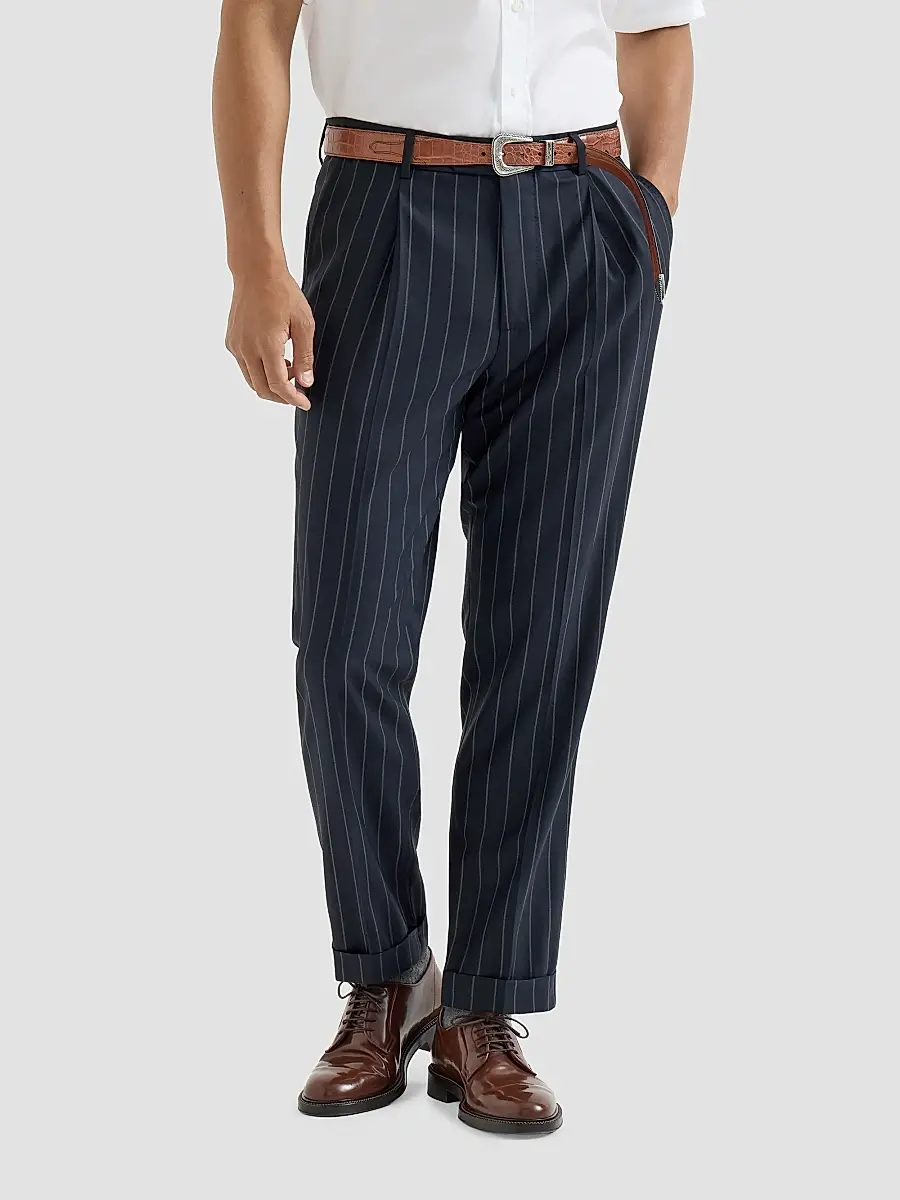 Brunello Cucinelli Men's Super 150s Virgin Wool Wide Chalk Stripe Batavia Trousers with Pleats - Blue | Thumbnail 3 Brunello Cucinelli Men's Super 150s Virgin Wool Wide Chalk Stripe Batavia Trousers with Pleats - Blue | Thumbnail 3
