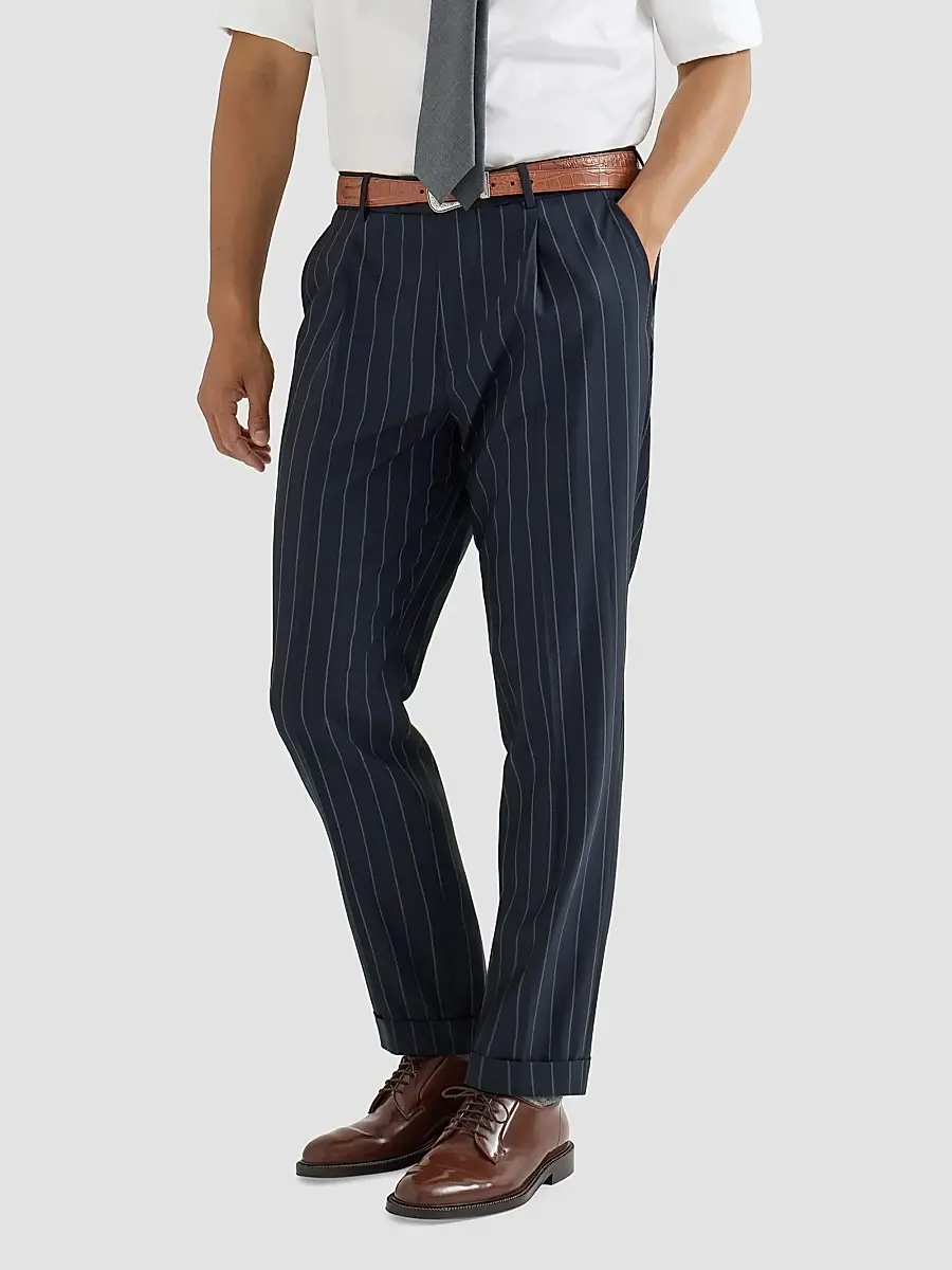 Brunello Cucinelli Men's Super 150s Virgin Wool Wide Chalk Stripe Batavia Trousers with Pleats - Blue | Thumbnail 4 Brunello Cucinelli Men's Super 150s Virgin Wool Wide Chalk Stripe Batavia Trousers with Pleats - Blue | Thumbnail 4