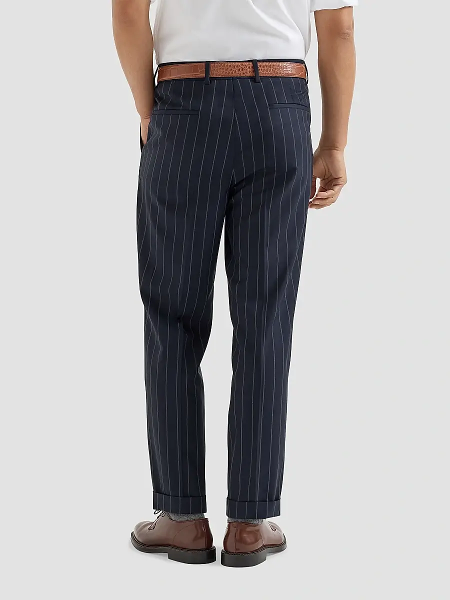 Brunello Cucinelli Men's Super 150s Virgin Wool Wide Chalk Stripe Batavia Trousers with Pleats - Blue | Thumbnail 5 Brunello Cucinelli Men's Super 150s Virgin Wool Wide Chalk Stripe Batavia Trousers with Pleats - Blue | Thumbnail 5