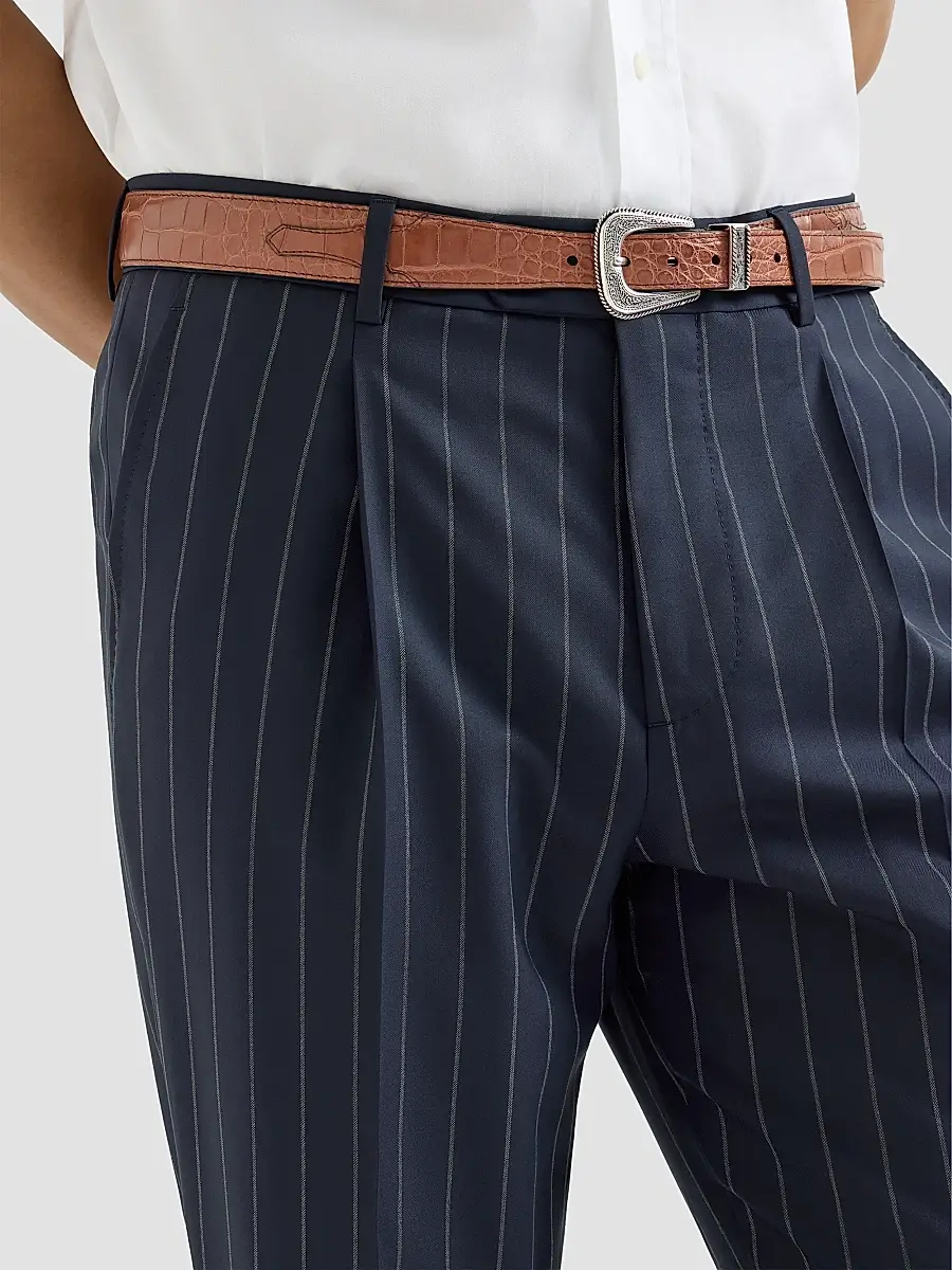 Brunello Cucinelli Men's Super 150s Virgin Wool Wide Chalk Stripe Batavia Trousers with Pleats - Blue | Thumbnail 6 Brunello Cucinelli Men's Super 150s Virgin Wool Wide Chalk Stripe Batavia Trousers with Pleats - Blue | Thumbnail 6