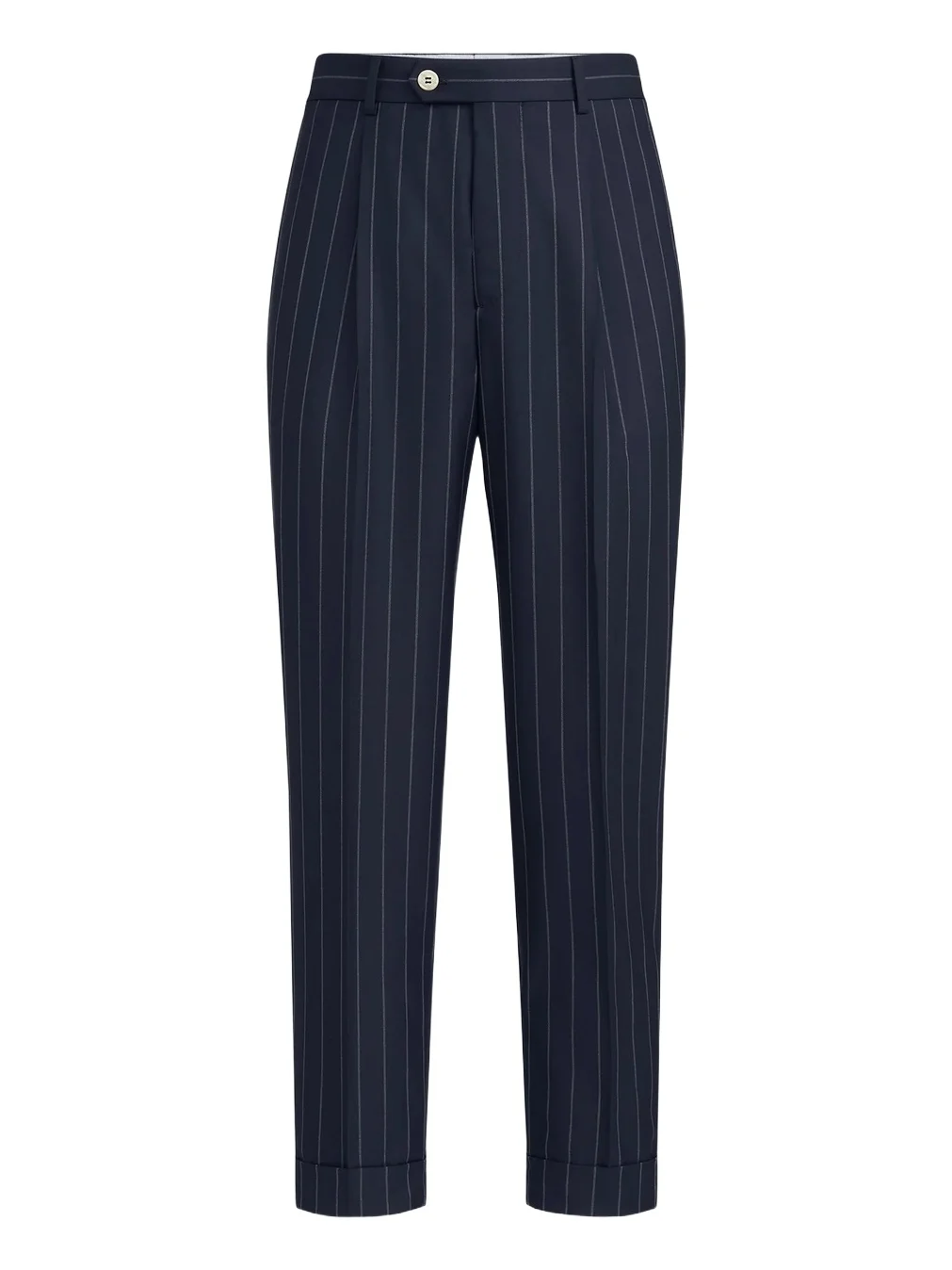 Brunello Cucinelli Men's Super 150s Virgin Wool Wide Chalk Stripe Batavia Trousers with Pleats - Blue
