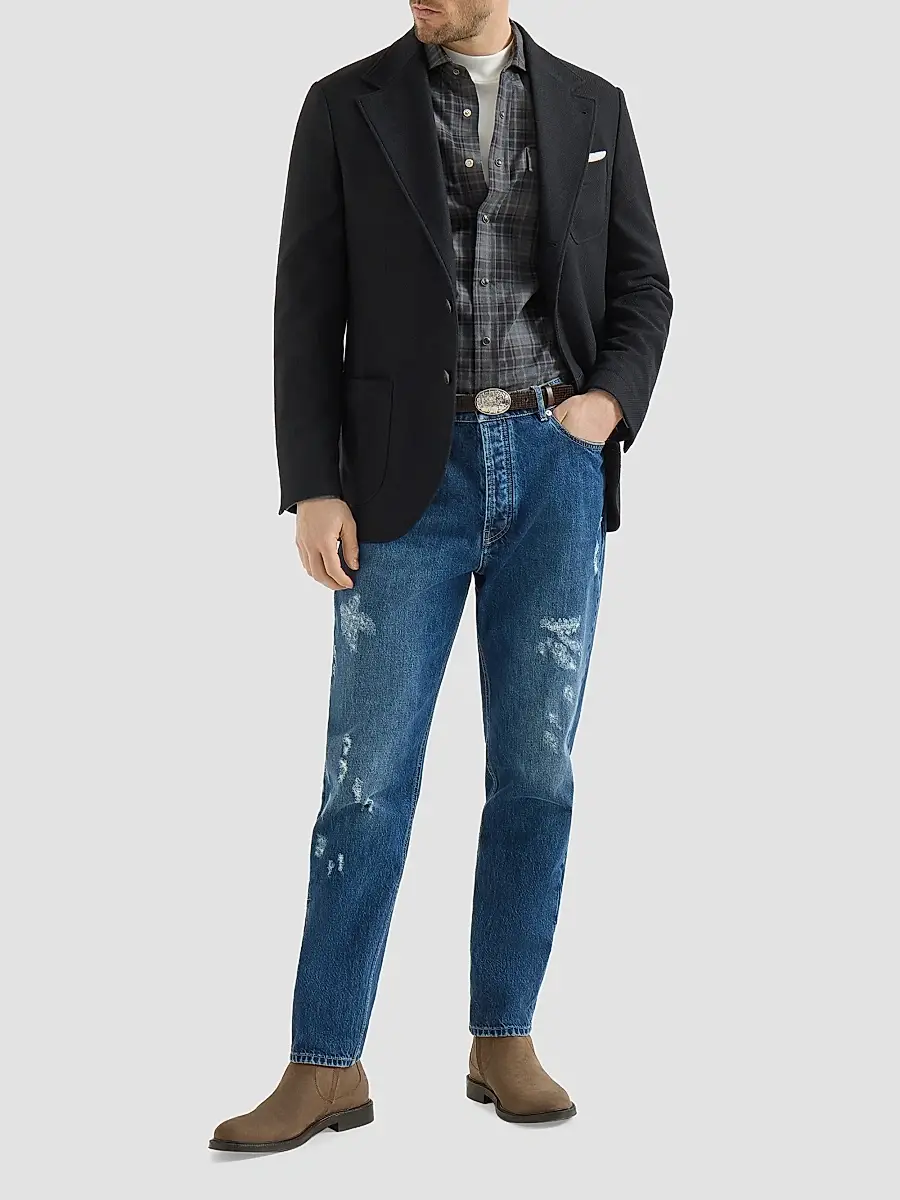 Brunello Cucinelli Men's Cotton Madras Western Shirt | Thumbnail 2