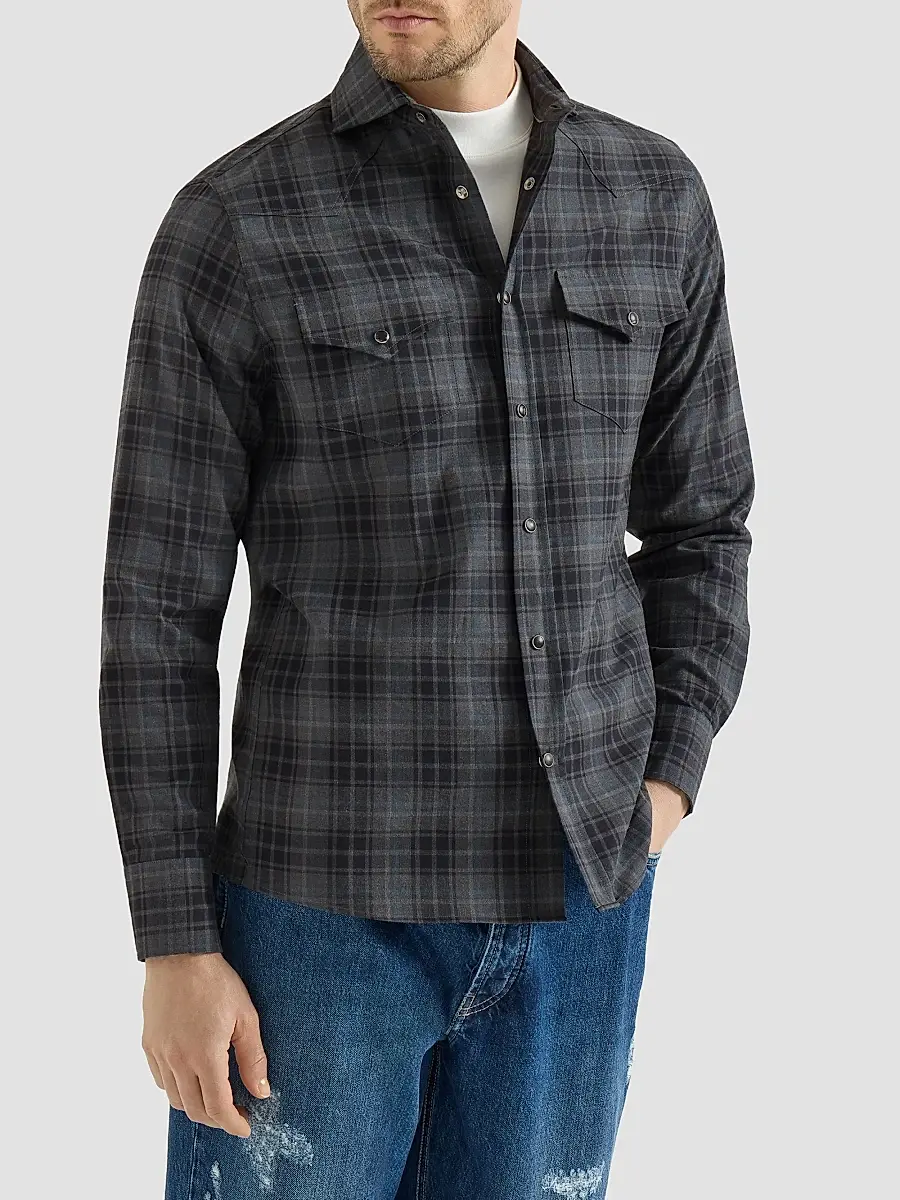 Brunello Cucinelli Men's Cotton Madras Western Shirt | Thumbnail 3