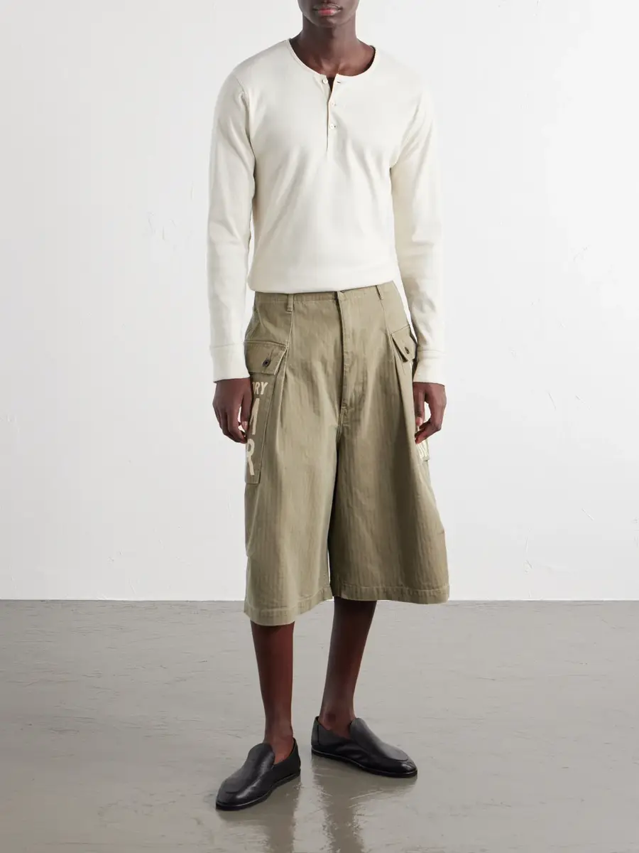 KAPITAL Wide-Leg Printed Herringbone Cotton Shorts - Men | Thumbnail 2