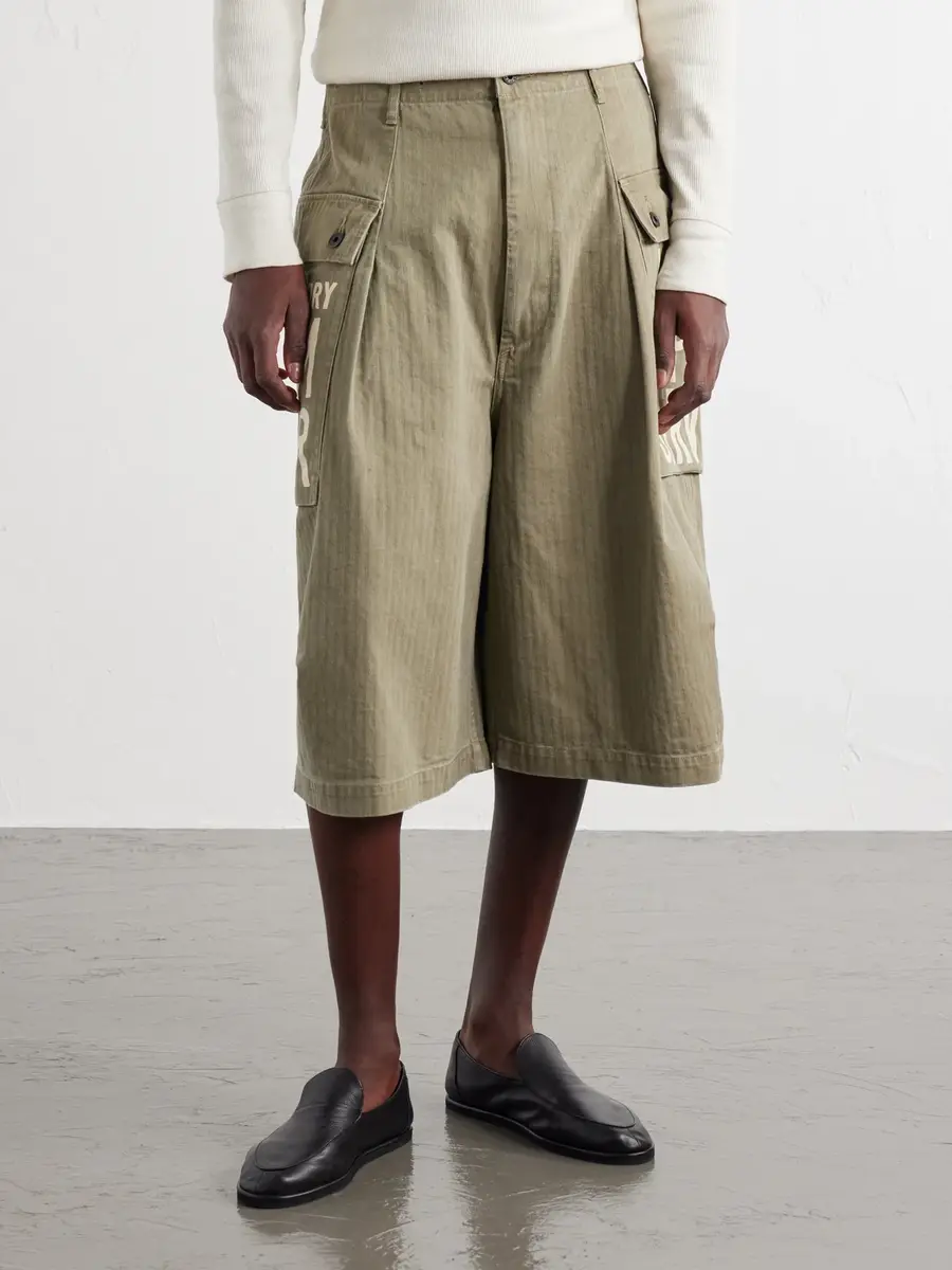 KAPITAL Wide-Leg Printed Herringbone Cotton Shorts - Men | Thumbnail 3