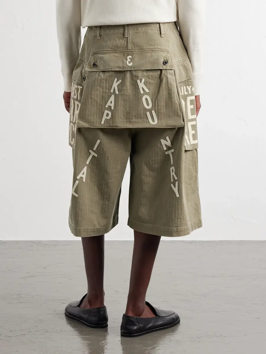 KAPITAL Wide-Leg Printed Herringbone Cotton Shorts - Men | Thumbnail 4