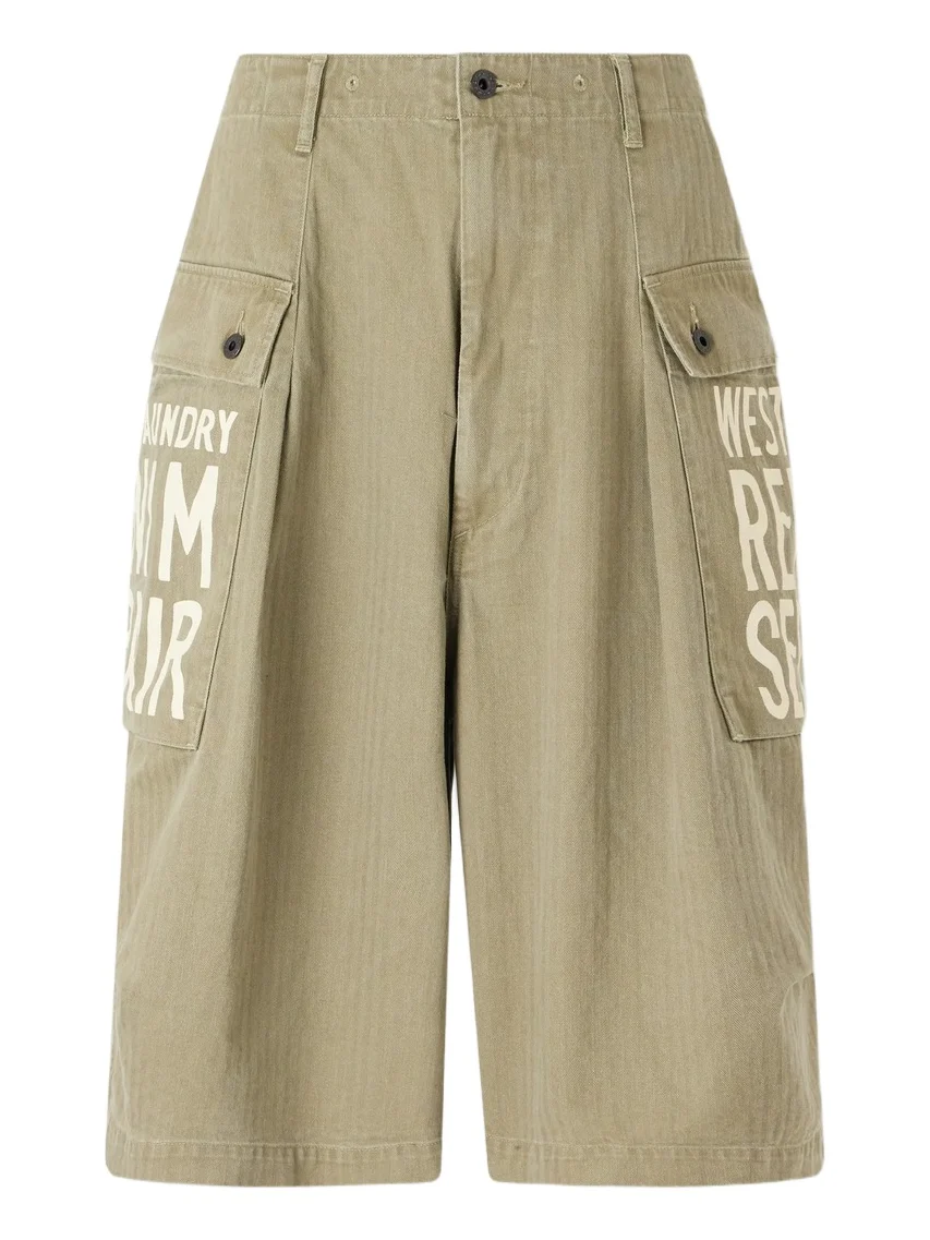 KAPITAL Wide-Leg Printed Herringbone Cotton Shorts - Men