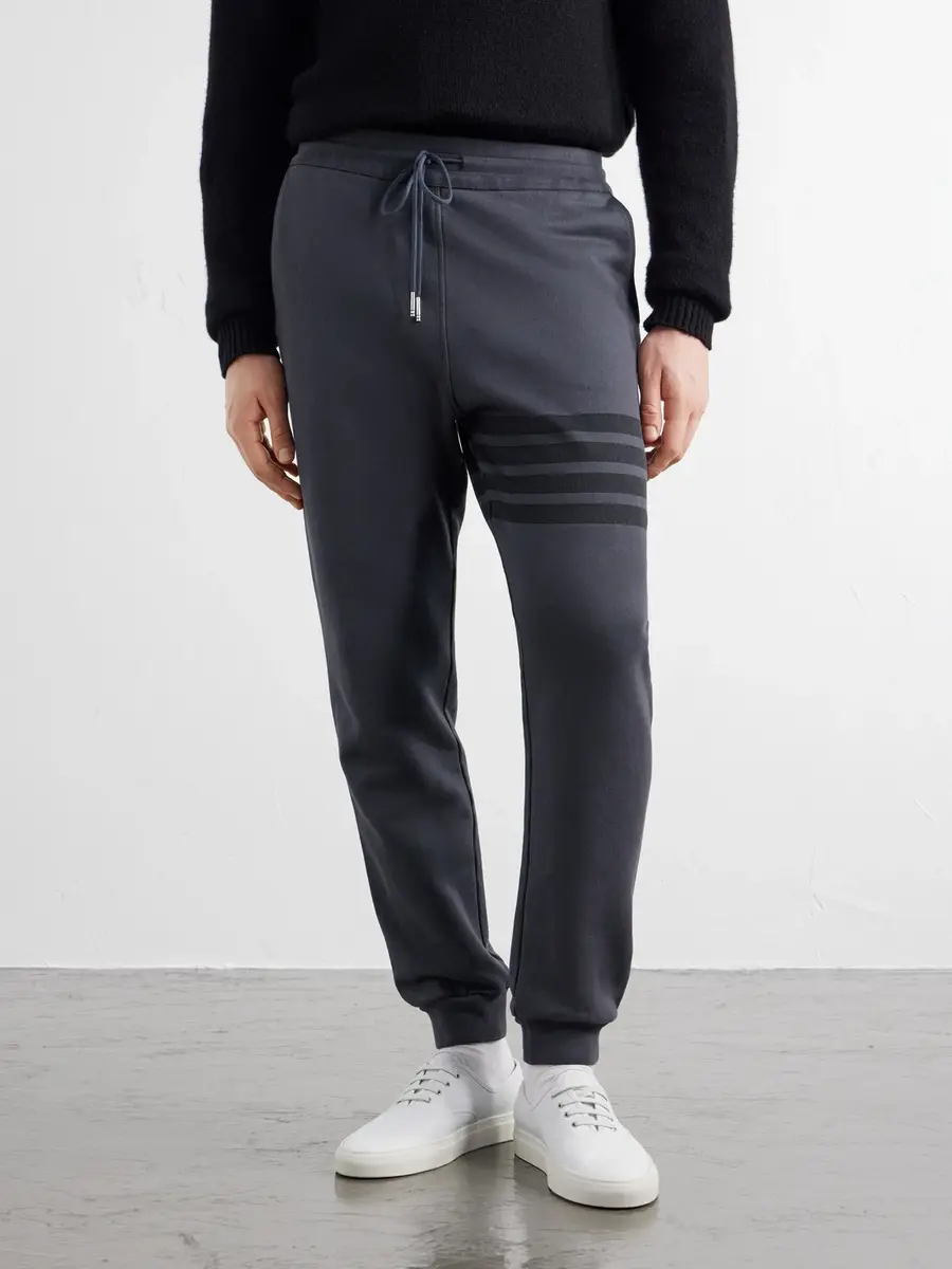 Thom Browne Tapered 4-Bar Detailed Cotton-Jersey Drawstring Sweatpants - Men | Thumbnail 3