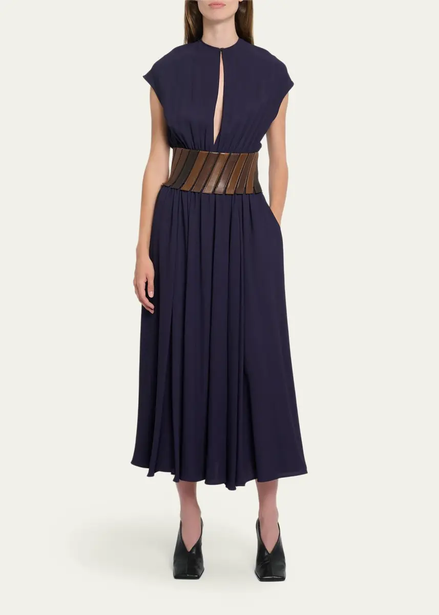 Alaïa Leather Belted Cap-Sleeve Midi Dress | Thumbnail 2 Alaïa Leather Belted Cap-Sleeve Midi Dress | Thumbnail 2