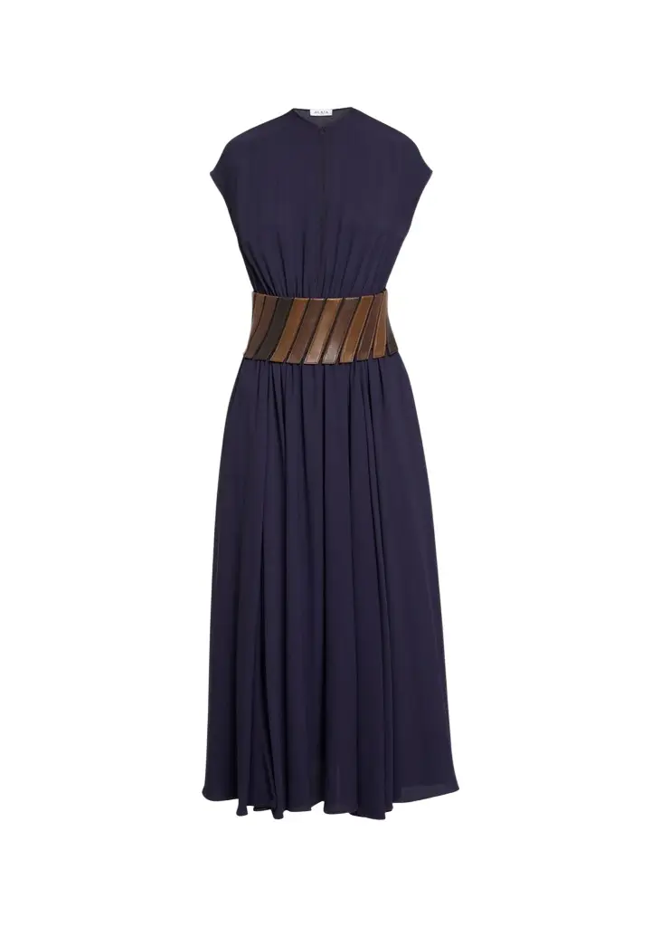 ALAIA Leather Belted Cap-Sleeve Midi Dress | Image 1 ALAIA Leather Belted Cap-Sleeve Midi Dress | Image 1