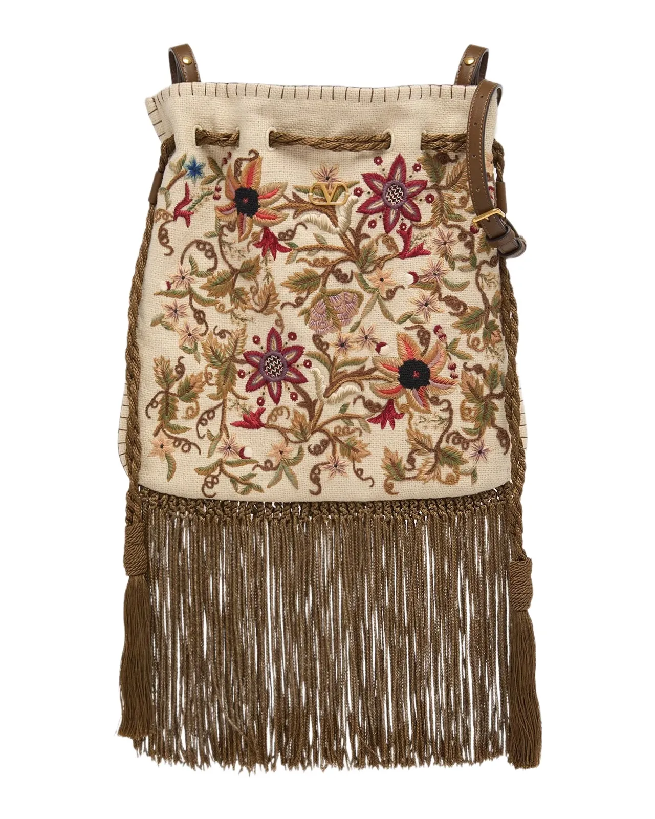 Valentino Garavani Fringed Floral-Embroidered Pouch Shoulder bag