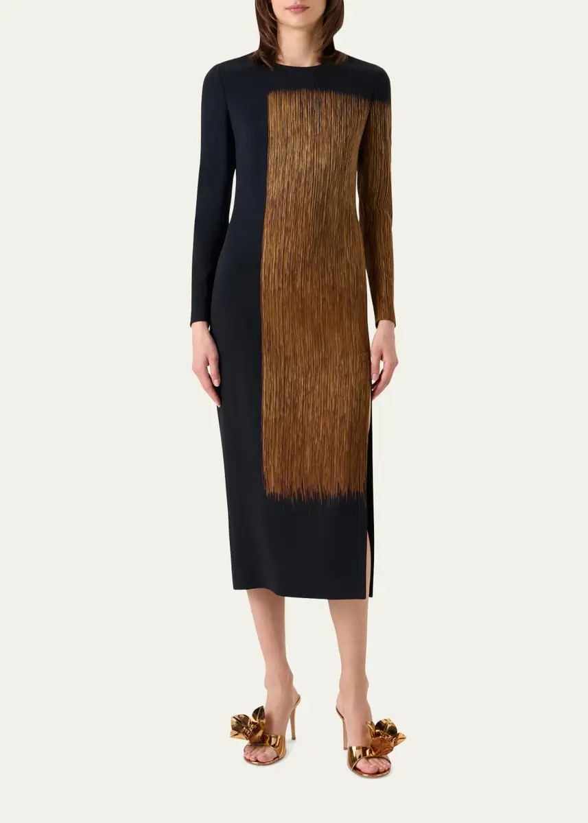 Akris Oro Lienzo Print Wool Crepe Long-Sleeve Midi Dress | Thumbnail 2