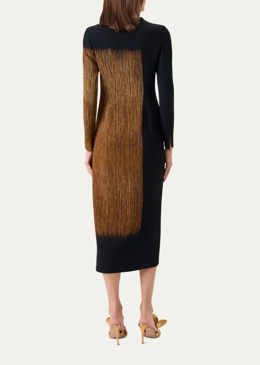 Akris Oro Lienzo Print Wool Crepe Long-Sleeve Midi Dress | Thumbnail 3
