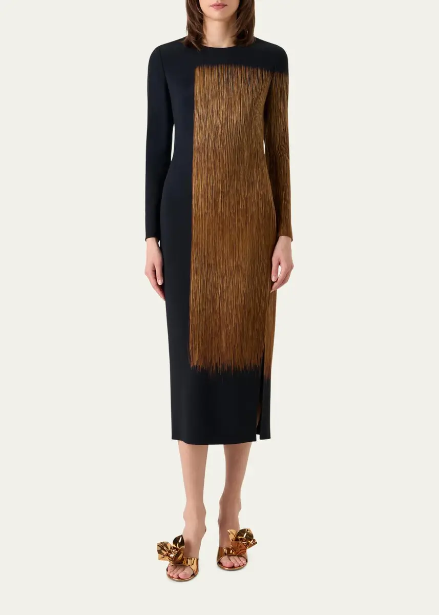 Akris Oro Lienzo Print Wool Crepe Long-Sleeve Midi Dress | Thumbnail 4