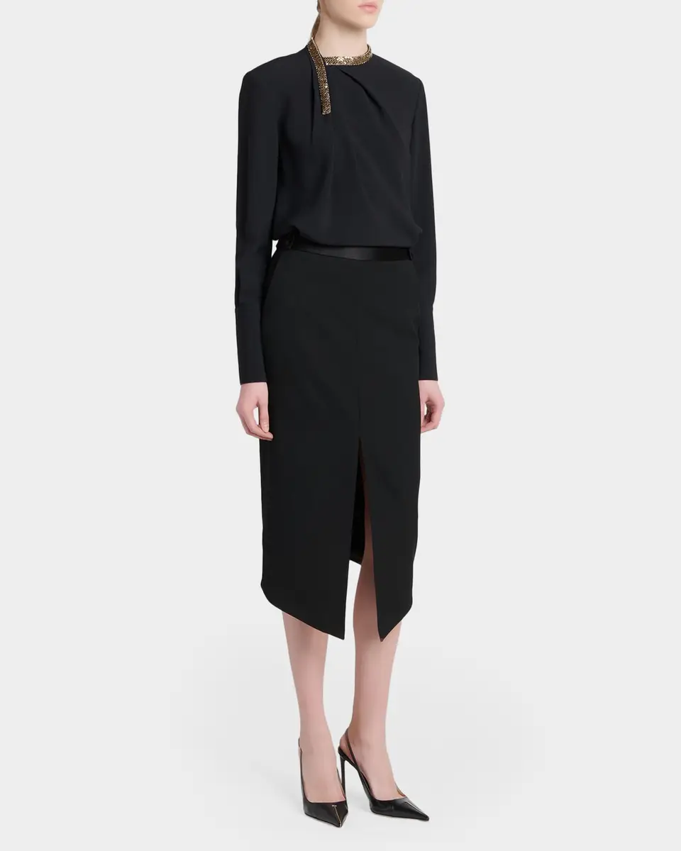 Tom Ford Satin-Trim Wool High-Low Slit Skirt | Thumbnail 2 Tom Ford Satin-Trim Wool High-Low Slit Skirt | Thumbnail 2